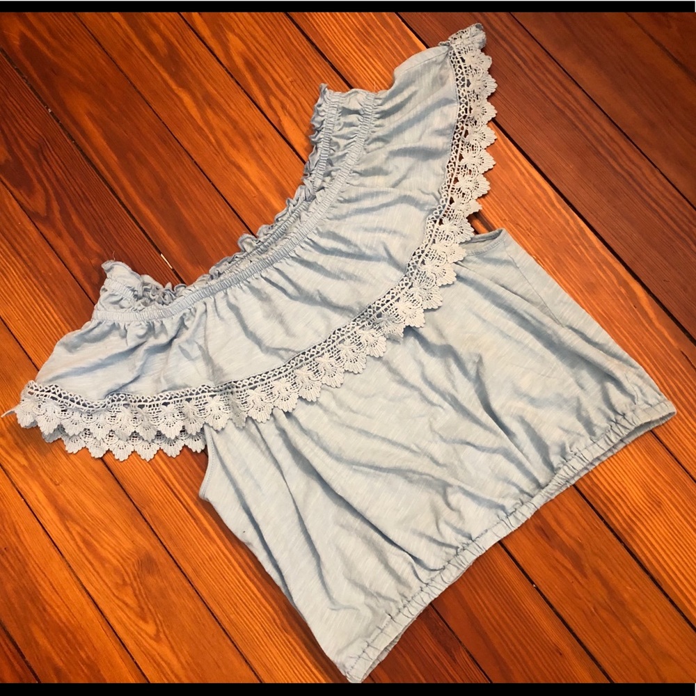 Light blue, ruffle neck, crop top